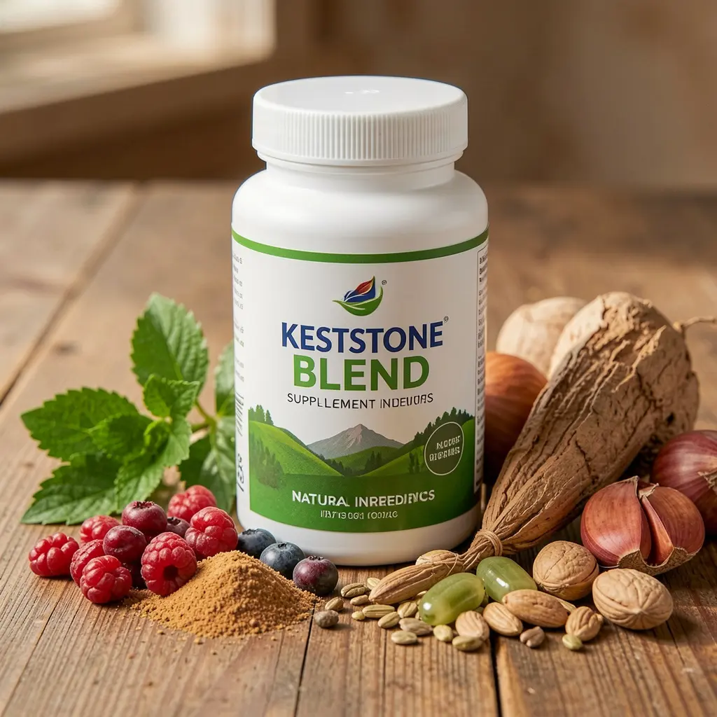 Keystone Blend supplement bottle with natural ingredients displayed on a wooden surface